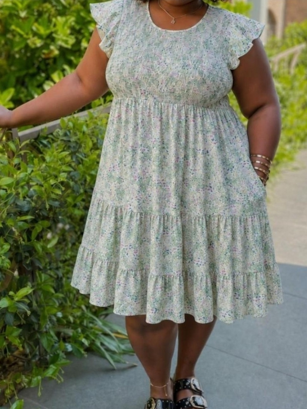 Light Green Floral Tiered Ruffle Dress